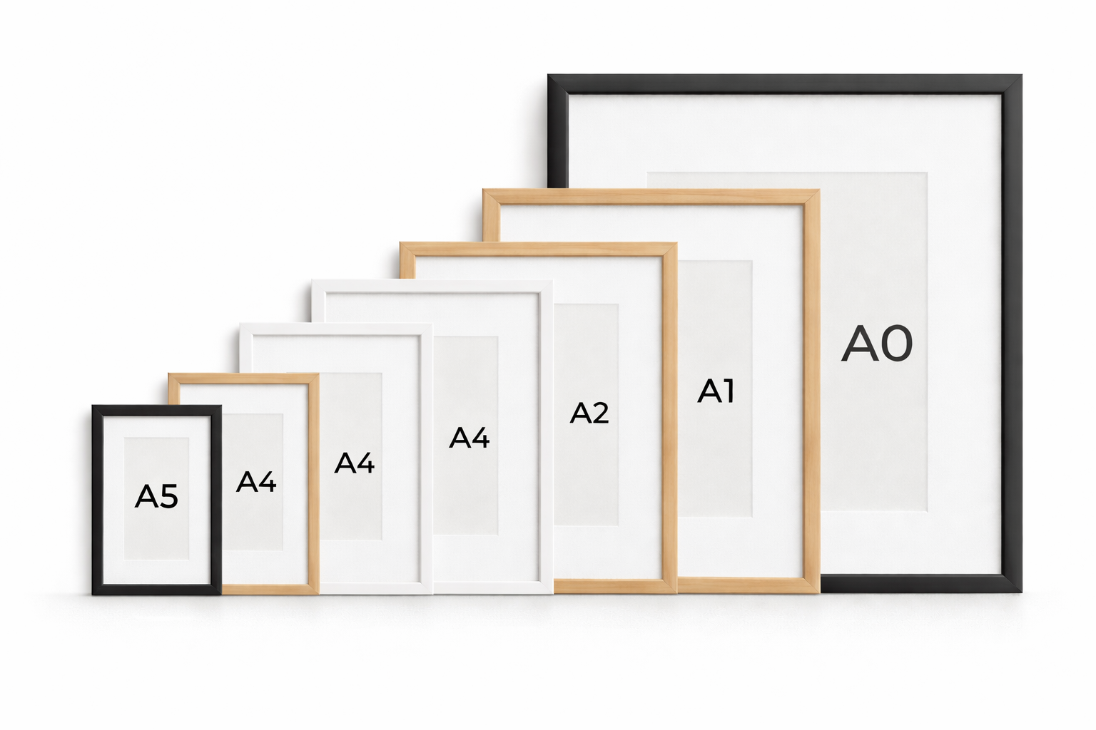 Ready-made frames for international paper sizes A5, A4, A3 and A2 with optional matboard, in black, white and natural wood styles.